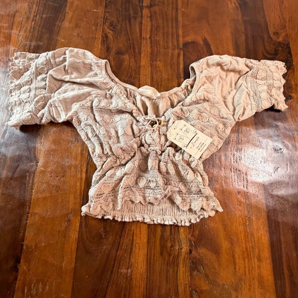 Zoearte Peru Cotton Crochet Smocked Crop Top Boho Off Shoulder Tan NWT